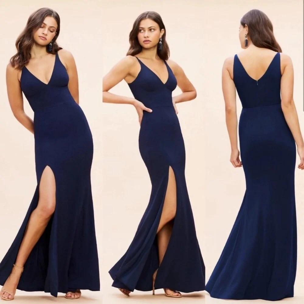 Dress the Population Wedding Guest Bridesmaid Dress Iris Slit Crepe Gown Navy
